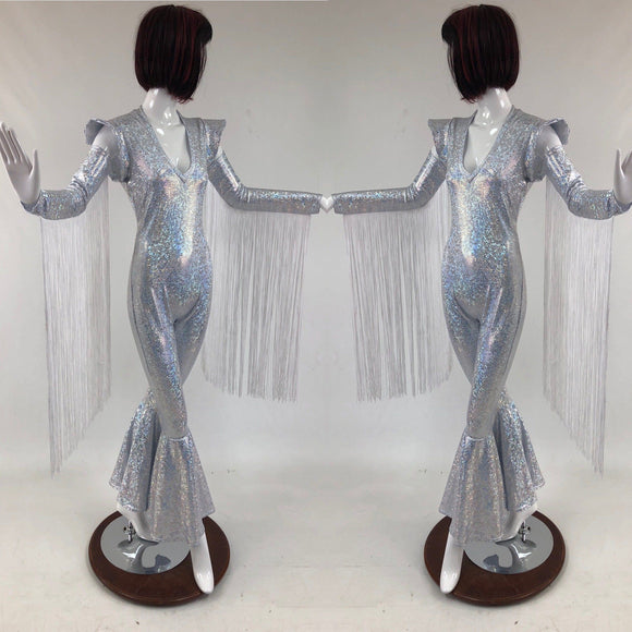 Bell Bottom Catsuit with 30" Long Fringe Arm Warmers - Coquetry Clothing