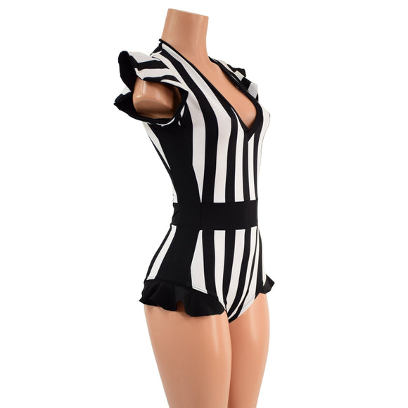 Black and White Striped Flip Sleeve Paneled Romper - Coquetry Clothing