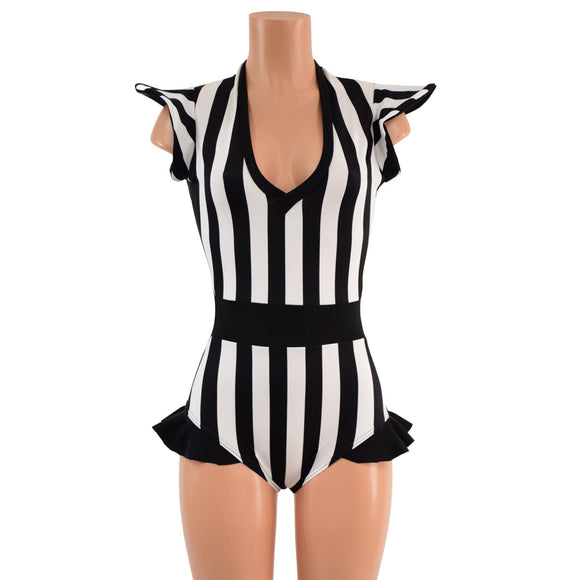 Black and White Striped Flip Sleeve Paneled Romper - Coquetry Clothing