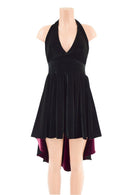 Black Hi Lo Velvet Halter Dress with Burgundy Lined Hemline - Coquetry Clothing