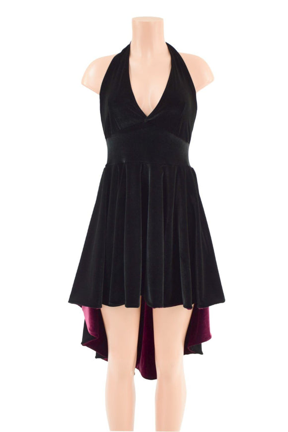 Black Hi Lo Velvet Halter Dress with Burgundy Lined Hemline - Coquetry Clothing