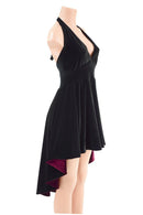 Black Hi Lo Velvet Halter Dress with Burgundy Lined Hemline - Coquetry Clothing