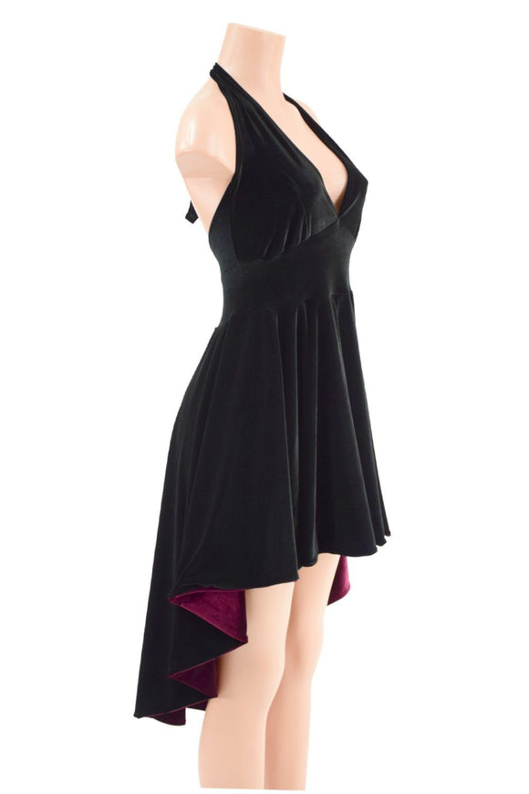 Black Hi Lo Velvet Halter Dress with Burgundy Lined Hemline - Coquetry Clothing