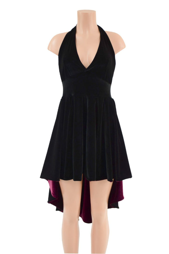 Black Hi Lo Velvet Halter Dress with Burgundy Lined Hemline - Coquetry Clothing