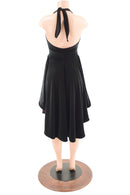 Black Hi Lo Velvet Halter Dress with Burgundy Lined Hemline - Coquetry Clothing