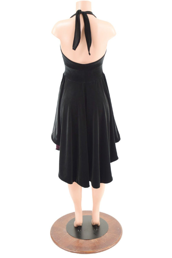 Black Hi Lo Velvet Halter Dress with Burgundy Lined Hemline - Coquetry Clothing
