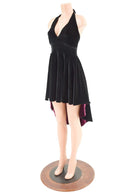 Black Hi Lo Velvet Halter Dress with Burgundy Lined Hemline - Coquetry Clothing