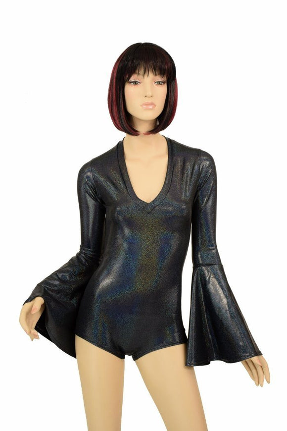 Black Holo Trumpet Sleeve Romper - Coquetry Clothing