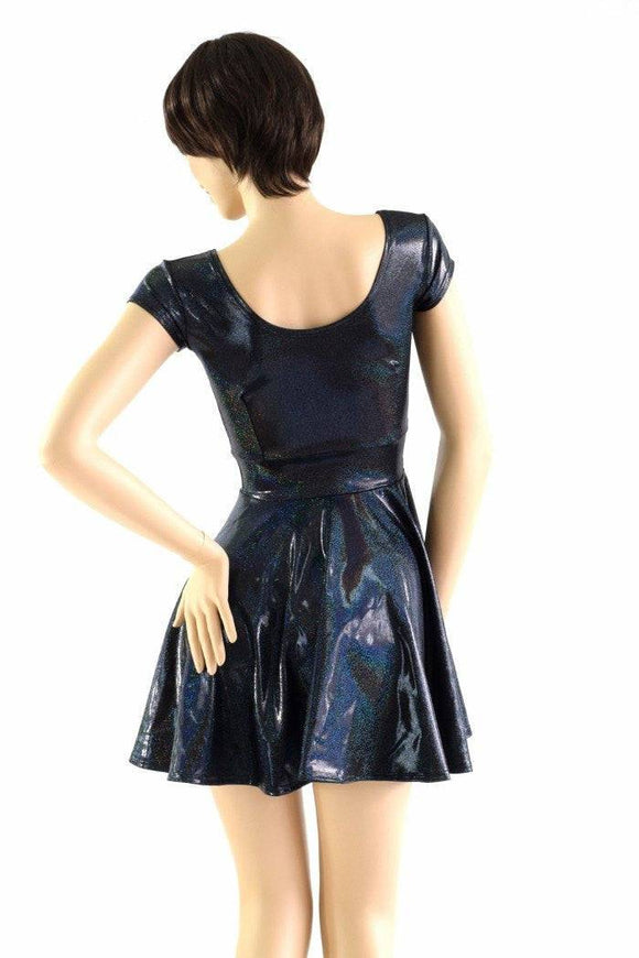 Black Holographic Cap Sleeve Skater Dress - Coquetry Clothing