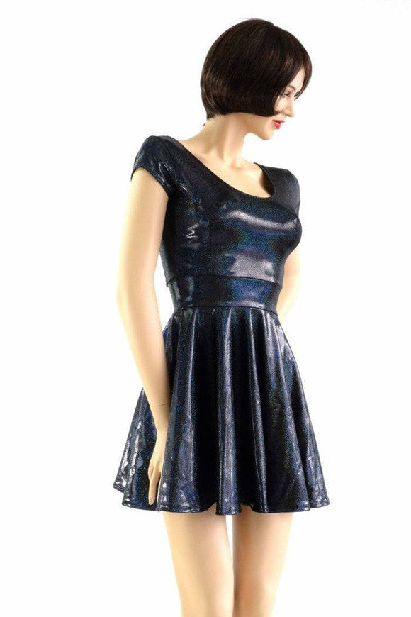 Black Holographic Cap Sleeve Skater Dress - Coquetry Clothing