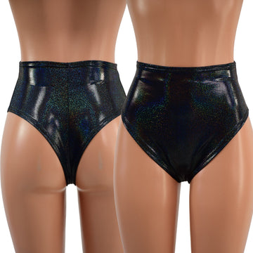 Black Holographic High Waist Siren Shorts with Brazilian Cut Leg - Coquetry Clothing