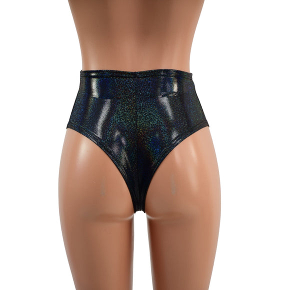 Black Holographic High Waist Siren Shorts with Brazilian Cut Leg - Coquetry Clothing