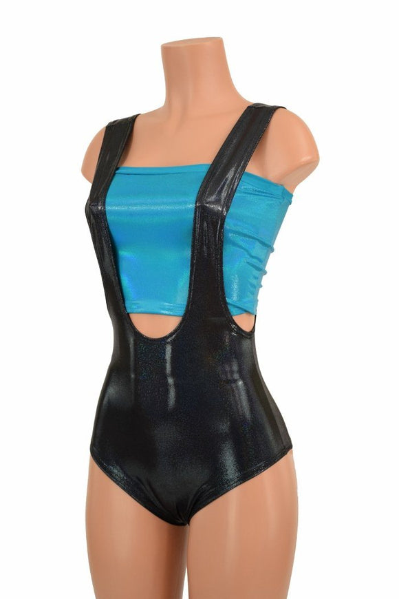 Black Holographic Suspender Romper - Coquetry Clothing