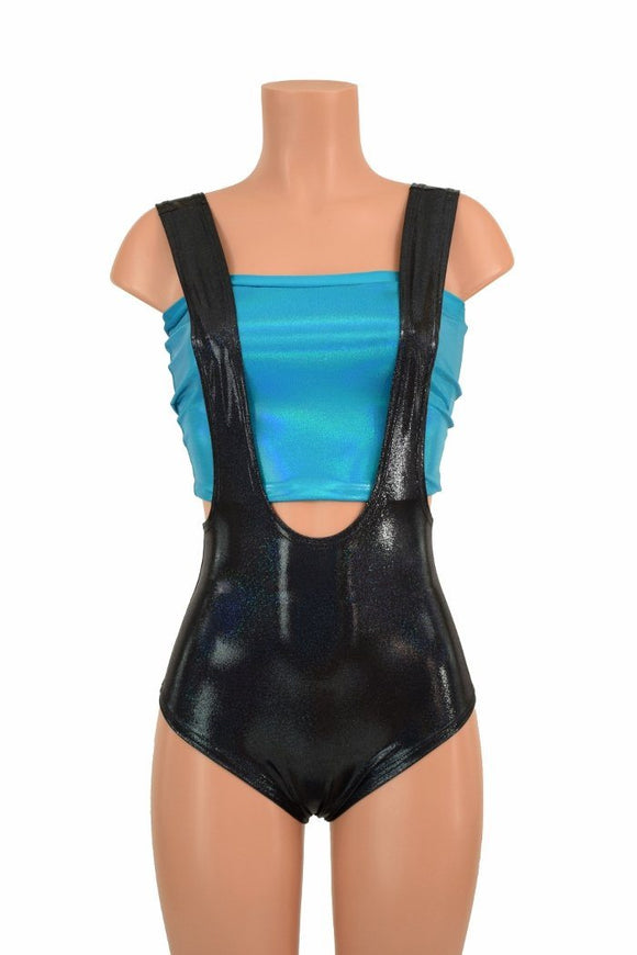 Black Holographic Suspender Romper - Coquetry Clothing