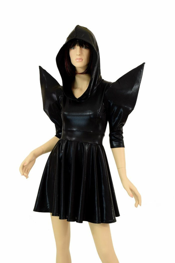 Black Mega Sharp Shoulder Skater Dress - 1