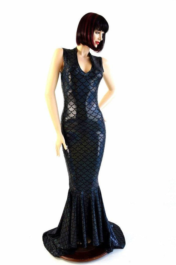 Black Mermaid V Neck Puddle Train Gown - Coquetry Clothing
