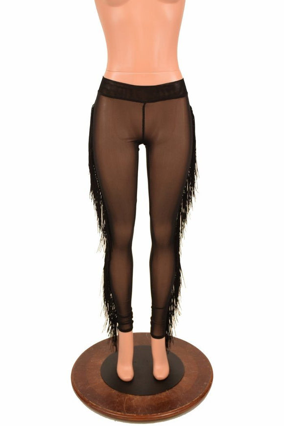 Black Mesh Midrise Fringe Leggings - Coquetry Clothing