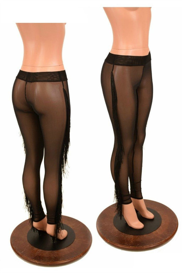 Black Mesh Midrise Fringe Leggings - Coquetry Clothing