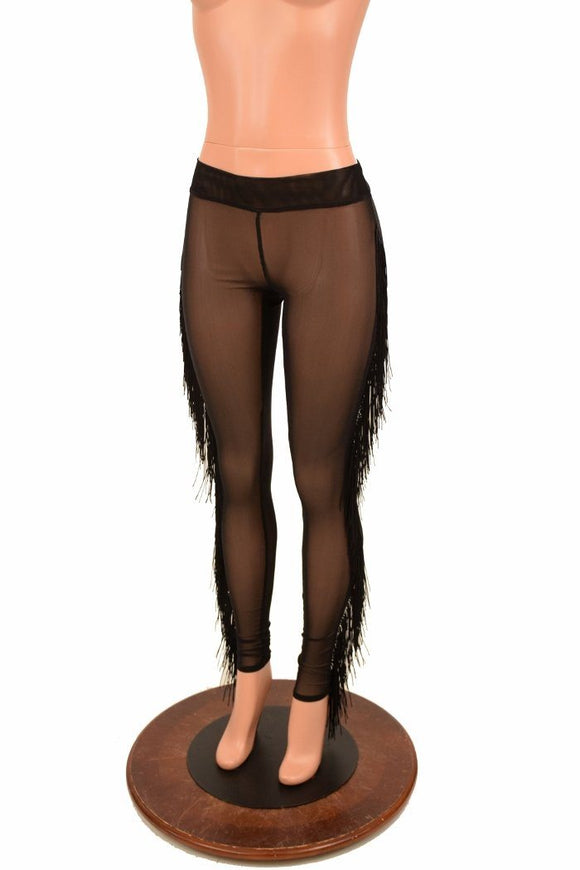 Black Mesh Midrise Fringe Leggings - Coquetry Clothing