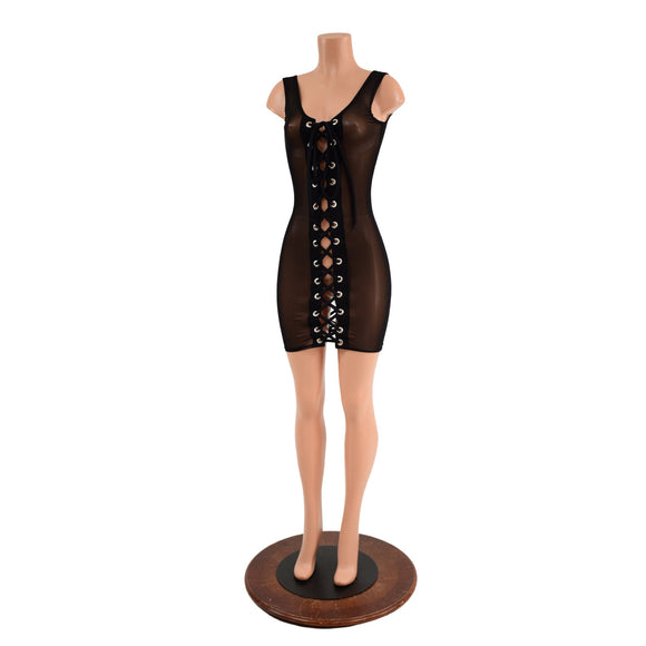Black Mesh Tank Dress with Double Laceup - Coquetry Clothing