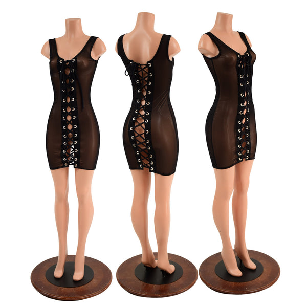 Black Mesh Tank Dress with Double Laceup - 2