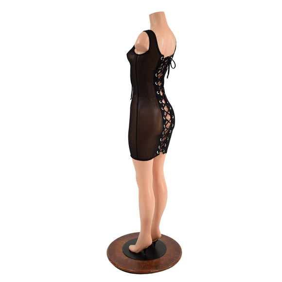 Black Mesh Tank Dress with Double Laceup - Coquetry Clothing