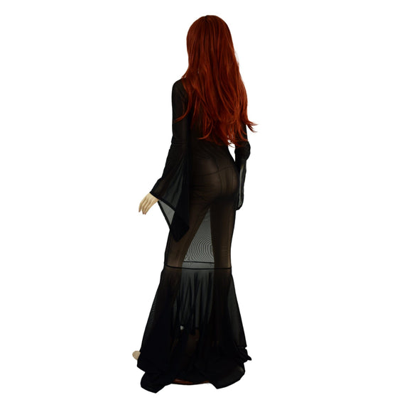 Black Mesh Zipper Back Gown with Pixie Sleeves and Puddle Train - Coquetry Clothing