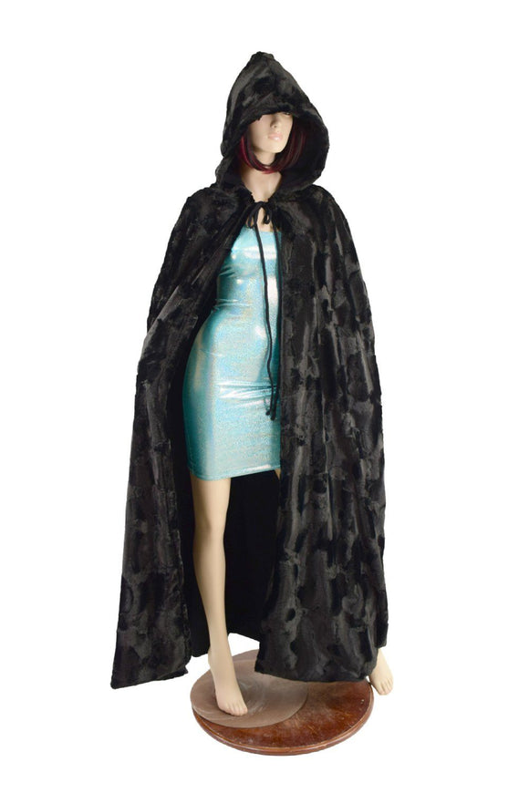 Black Minky Faux Fur Full Length Hooded Cape - Coquetry Clothing