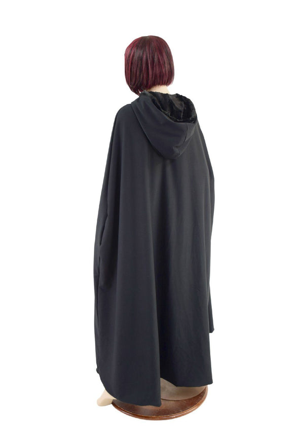 Black Minky Faux Fur Full Length Hooded Cape - Coquetry Clothing