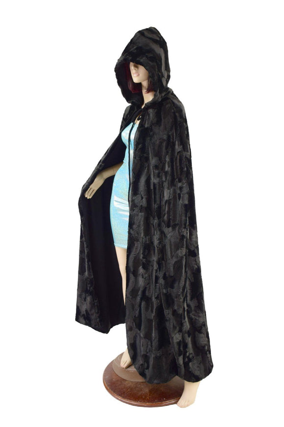 Black Minky Faux Fur Full Length Hooded Cape - Coquetry Clothing