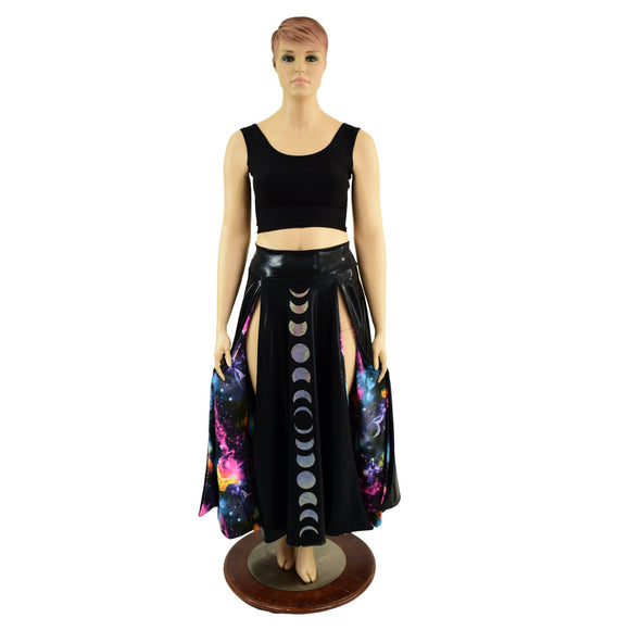 Black Mystique Double Split Skirt with Moon Phases and Galaxy Lining - Coquetry Clothing