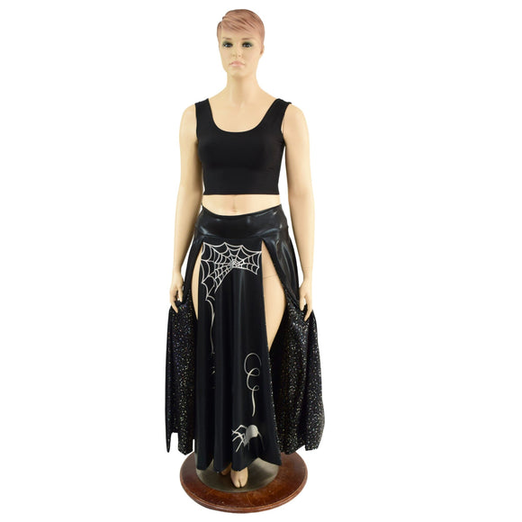 Black Mystique Double Split Skirt with Silver Spider and Star Noir Lining - Coquetry Clothing