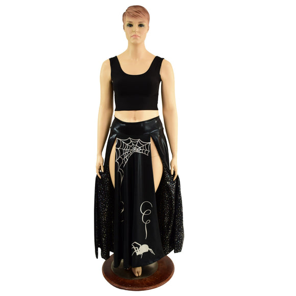 Black Mystique Double Split Skirt with Silver Spider and Star Noir Lining - Coquetry Clothing