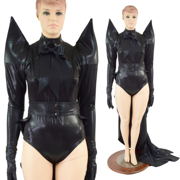 Black Mystique Dramatic 5 PC Set with Bow, Gloves, Belt and Romper - Coquetry Clothing