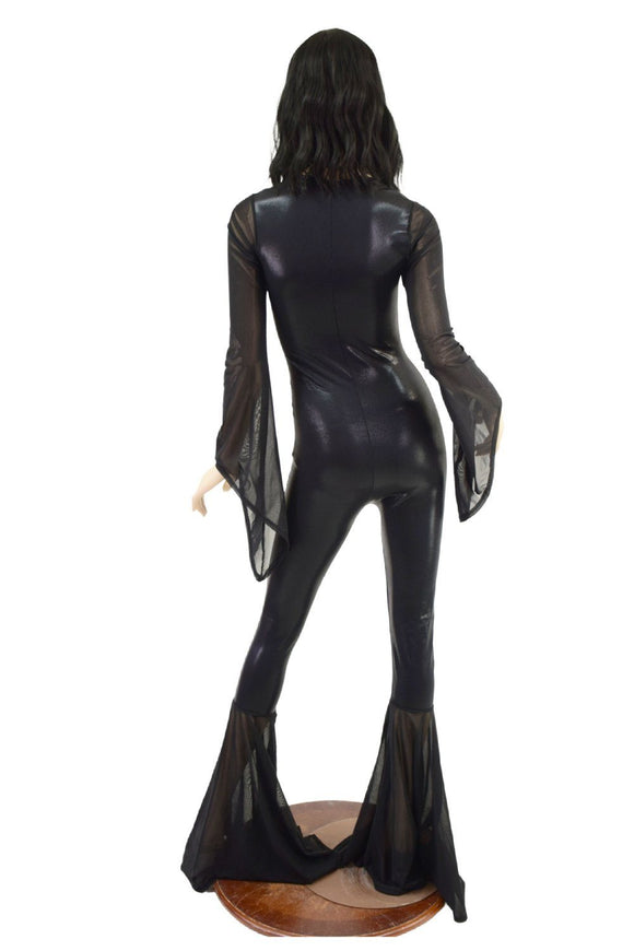 Black Mystique Laceup Catsuit with Mesh Bells and Sleeves - Coquetry Clothing
