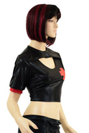 Black Mystique Nurse Crop Top with Red Vinyl Cross and Red Cuffs - Coquetry Clothing