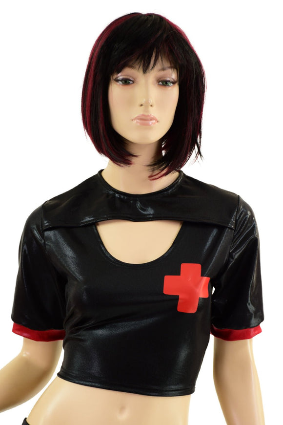 Black Mystique Nurse Crop Top with Red Vinyl Cross and Red Cuffs - Coquetry Clothing