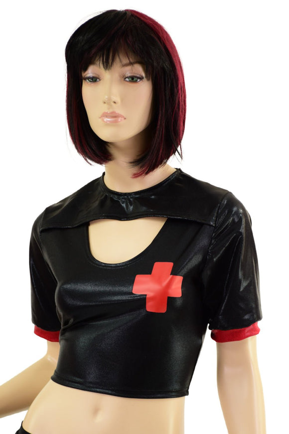 Black Mystique Nurse Crop Top with Red Vinyl Cross and Red Cuffs - Coquetry Clothing