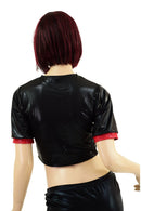 Black Mystique Nurse Crop Top with Red Vinyl Cross and Red Cuffs - Coquetry Clothing