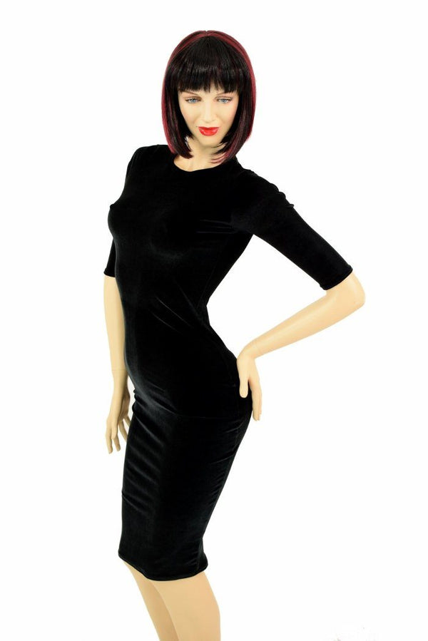 Black Velvet Half Sleeve Wiggle Dress - 5