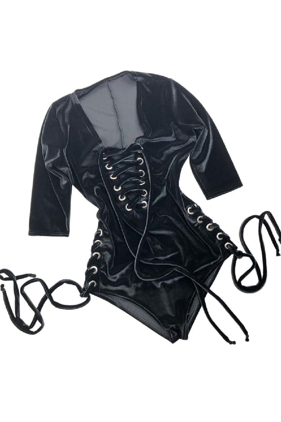 Black Velvet Lace Up Romper - Coquetry Clothing