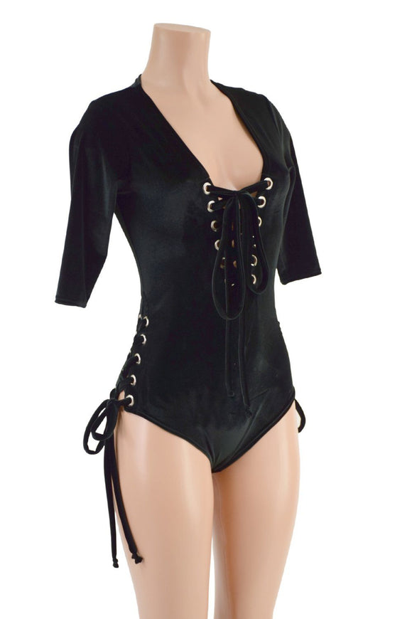 Black Velvet Lace Up Romper - Coquetry Clothing