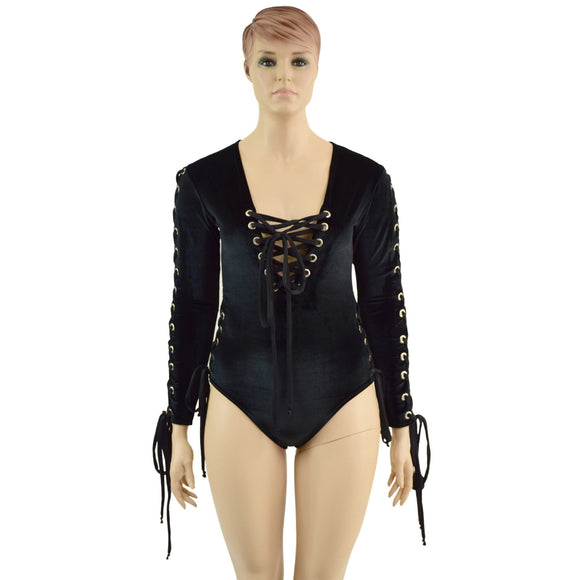 Black Velvet Romper with FIVE Laceups - Coquetry Clothing