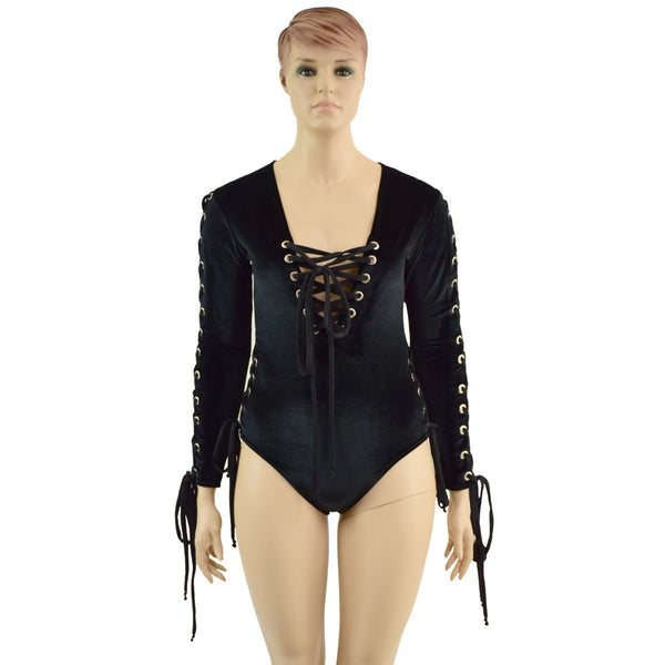 Black Velvet Romper with FIVE Laceups - 4