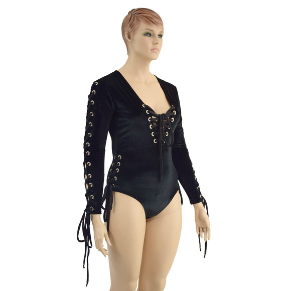 Black Velvet Romper with FIVE Laceups - Coquetry Clothing