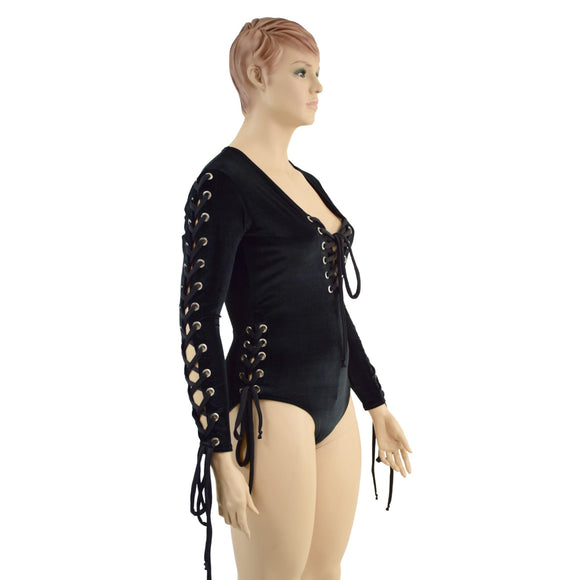 Black Velvet Romper with FIVE Laceups - Coquetry Clothing