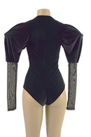 Black Velvet Siren Romper with Plunging V neckline & Victoria Sleeves - Coquetry Clothing