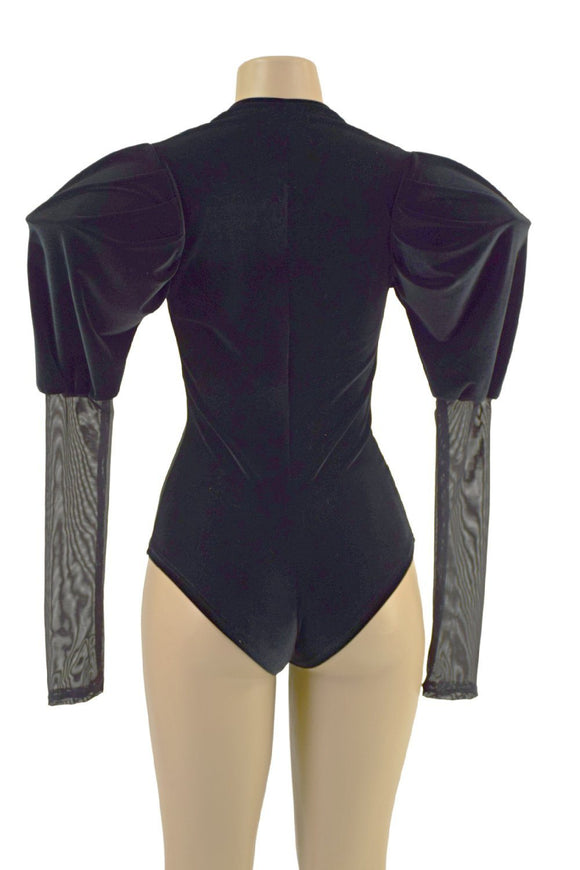 Black Velvet Siren Romper with Plunging V neckline & Victoria Sleeves - Coquetry Clothing