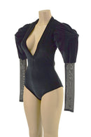 Black Velvet Siren Romper with Plunging V neckline & Victoria Sleeves - Coquetry Clothing