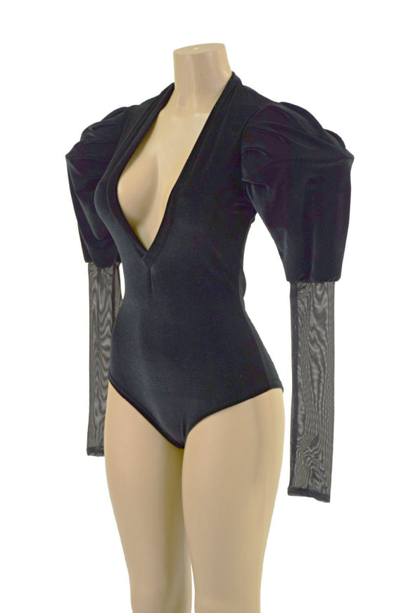 Black Velvet Siren Romper with Plunging V neckline & Victoria Sleeves - Coquetry Clothing